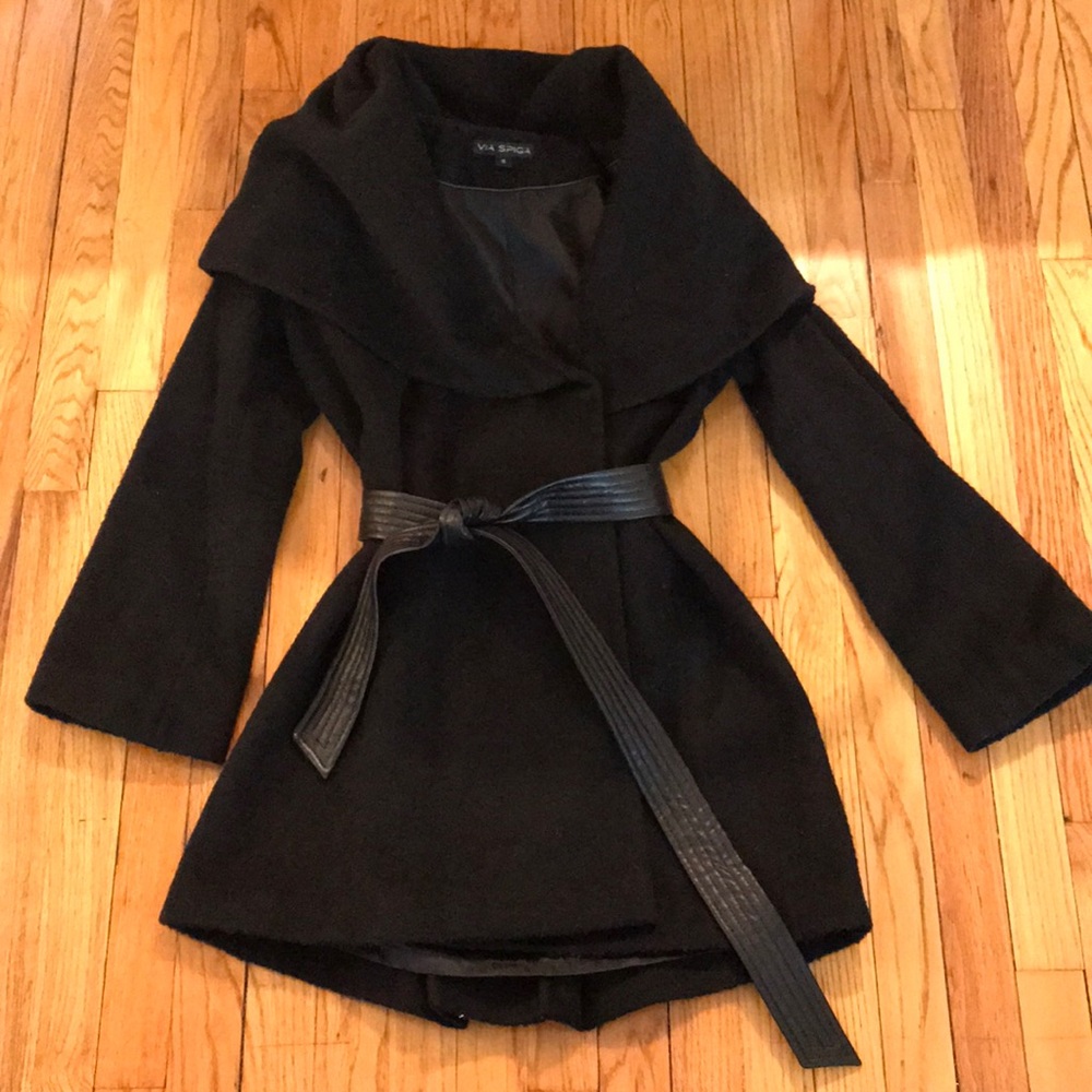 Via Spiga Black Wool Tie Coat